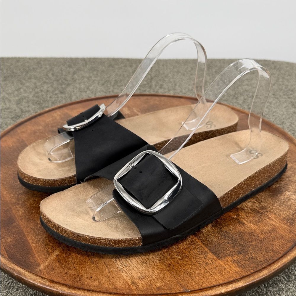 SO Sandals Wm XL (11-12) Black Faux Leather Big Buckle Silver Slide